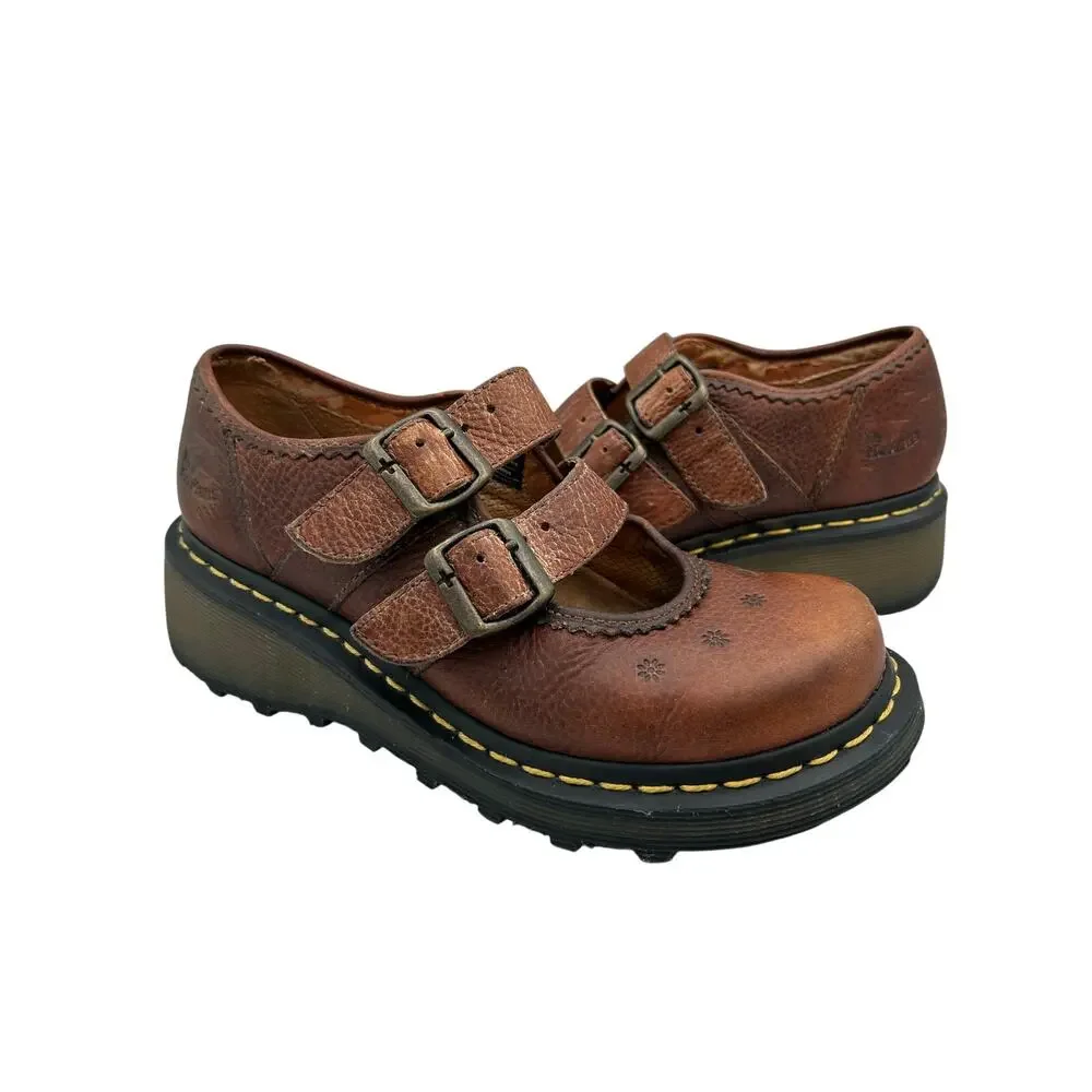 RARE Vtg Dr. Martens Women's 9Brown Leather Daisy Flower ShoesChunky Mary Jane - Picture 4 of 11